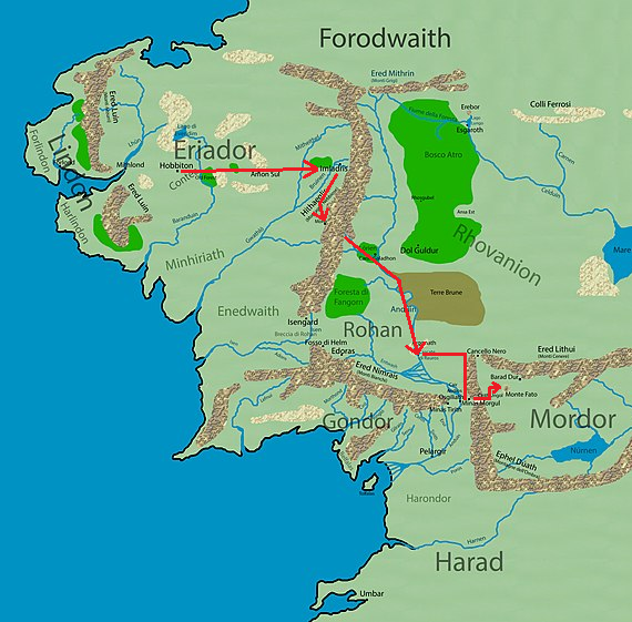 Karta av Midgård med ny röd pil från Raurosfallen till Mordor